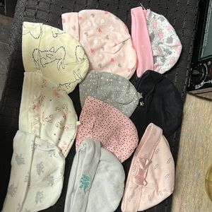 Set of baby girl hats/ mittens - 10 hats/3 mitten sets